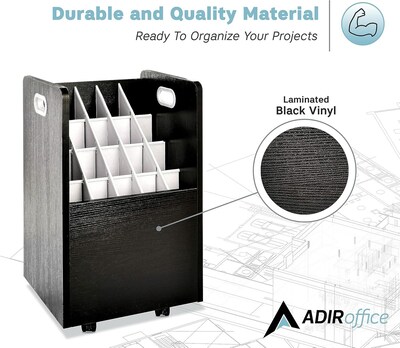 AdirOffice 20-Slot Mobile Roll File, Lockable, 24.75" H x 15.25" W x 13.25" D, Black (624-BLK-KIT1)