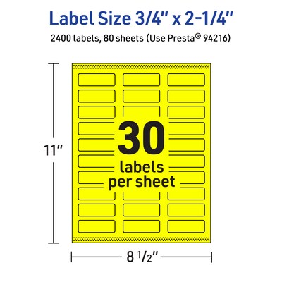 Avery Laser/Inkjet Multipurpose Rectangle Labels, 0.75" x 2.25", Neon Yellow, 2400/Box (94216)
