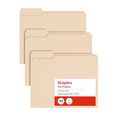 Staples 1/3-Cut Left-Tab File Folders, Letter Size, Manila, Durable Paper Stock, 100/Box