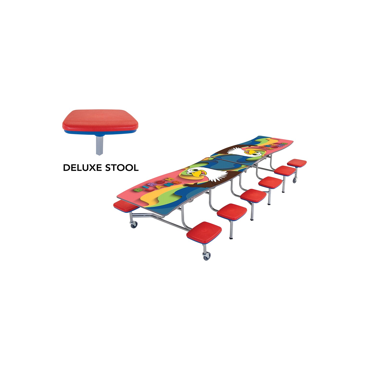 AmTab Ocean Waves Mobile Cafeteria Table w/ 12 Stools, 35 x 121, Assorted Colors (MSOWT1012)