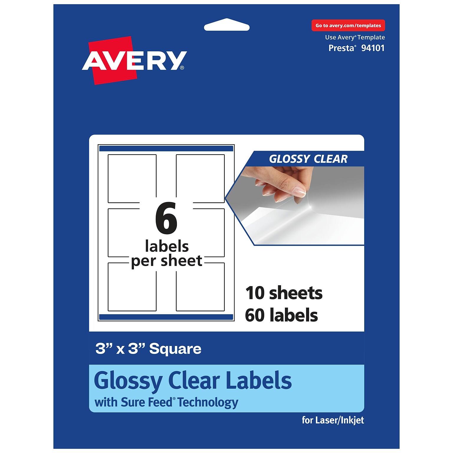 Avery Laser/Inkjet Square Glossy Clear Labels, 3 x 3, Clear, 60 Labels/Pack (94101)