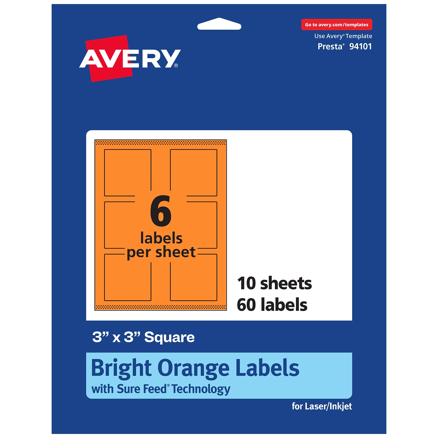 Avery Laser/Inkjet Multipurpose Square Labels, 3 x 3, Bright Orange, 60/Pack (94101)