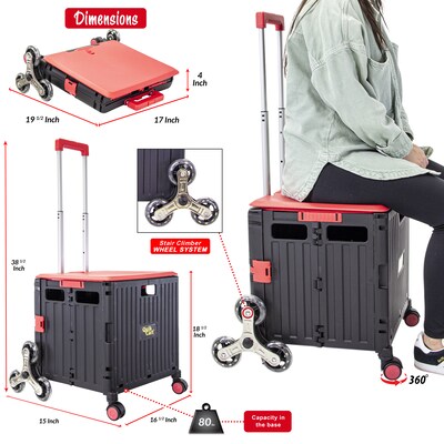 Dbest Stair Climber Quik Cart Swing Lid Four Swivel Wheeled Rolling Crate Teacher Utility, Red (01-953)