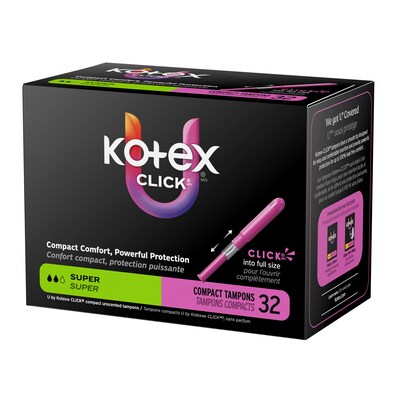U by Kotex Click Super Absorbency Compact Tampon, Plastic Applicator, Unscented, 32/Pack (51584)