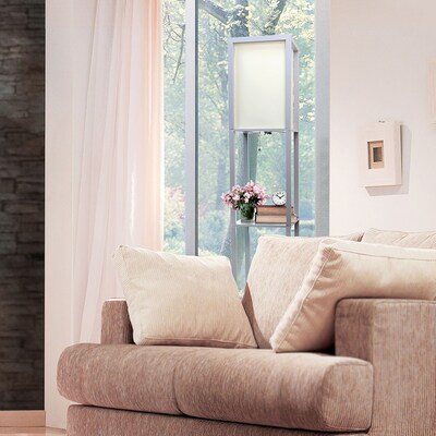 Simple Designs 62.50" Floor Lamp Etagere Organizer Storage Shelf with Linen Shade, Grey (LF1014-GRY)