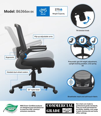Boss Flip Arm Ergonomic Mesh/Fabric Swivel Task Chair, Black (B6366BK-BK)