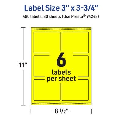 Avery Laser/Inkjet Multipurpose Labels, Neon Yellow, 6 Labels/Sheet, 80 Sheets/Pack (94248-NYP80)