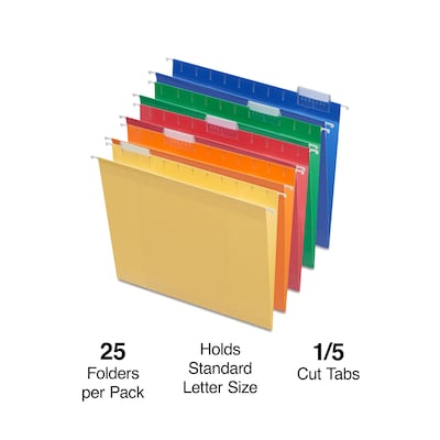 Staples Reinforced Box Bottom Hanging File Folders, 2" Expansion, 1/5-Cut Tab, Letter Size, Assorted, 25/Box (ST20028-CC)