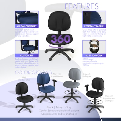Regency Comfort Series Armless Ergonomic Fabric Swivel Task Chair, Black (105-BK)