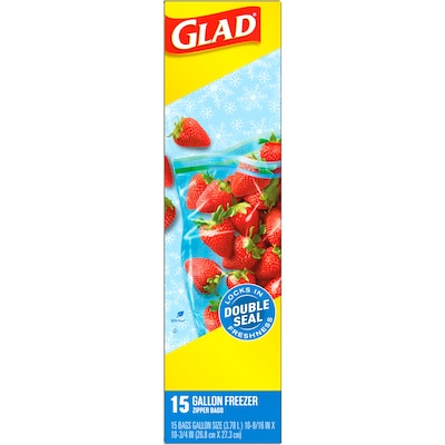 Glad Zipper Freezer Bags, Gallon, 15 Bags/Box (57034)