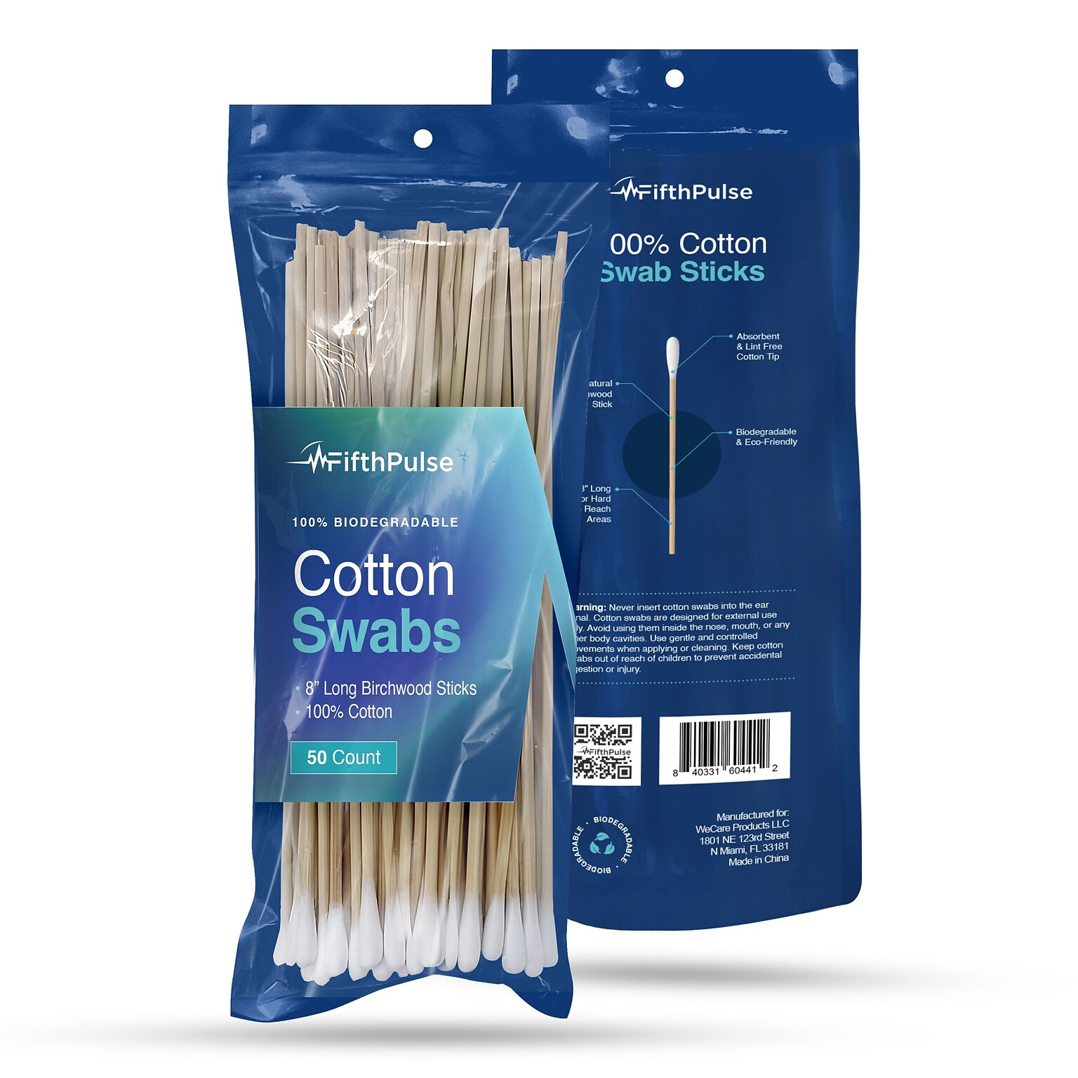 FifthPulse 100% Natural Eco-friendly 8 Cotton Swabs Sticks Made With Birch Wood - Non Sterile Cotton Tip, 50 Pack (FMN100685)