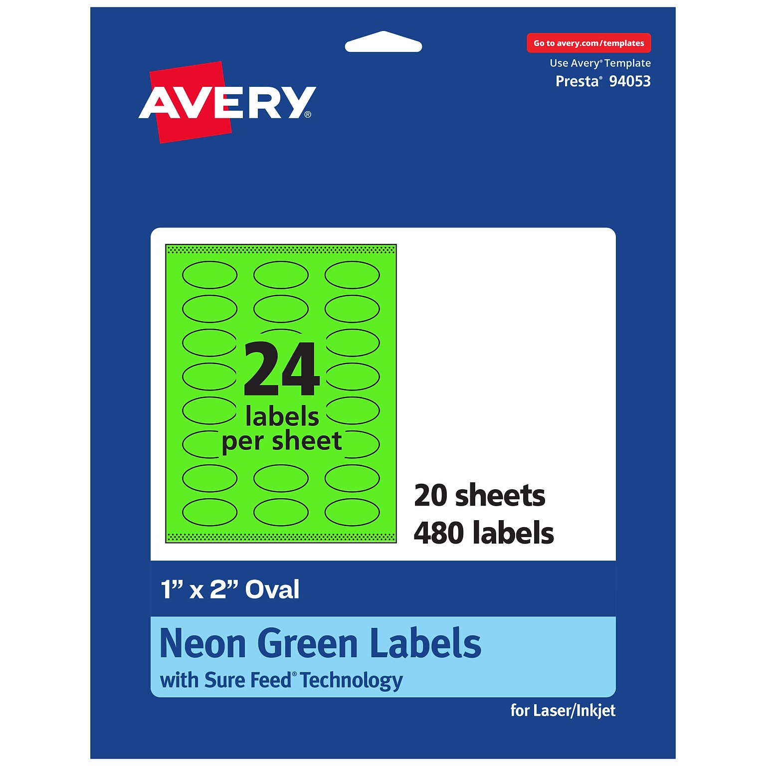 Avery Laser/Inkjet Multipurpose Oval Labels, 1 x 2, Neon Green, 480/Pack (94053)