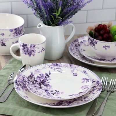 Elama Traditional Rose Stoneware Dinnerware Set, Purple, 16 Piece (935121712M)