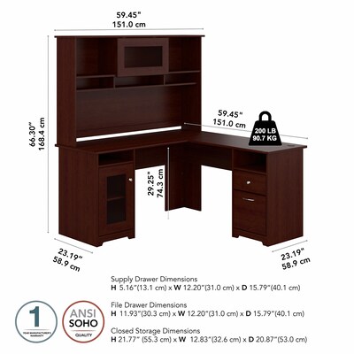 Bush Furniture Cabot 60"W L Shaped Computer Desk with Hutch and Storage, Harvest Cherry (CAB001HVC)