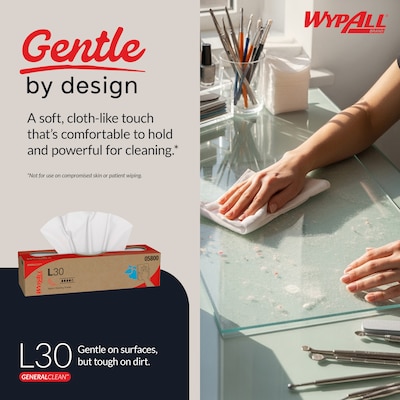 WypAll GeneralClean L30 Durable Fibers Cleaning Wipers, 9.8" x 16.4", White, 100 Wipers/Box, 8/Carton (05800)