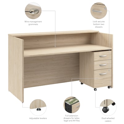 Bush Business Furniture Arrive 72"W Reception Desk with Shelf and Mobile File Cabinet, Natural Elm (ARV005NE)