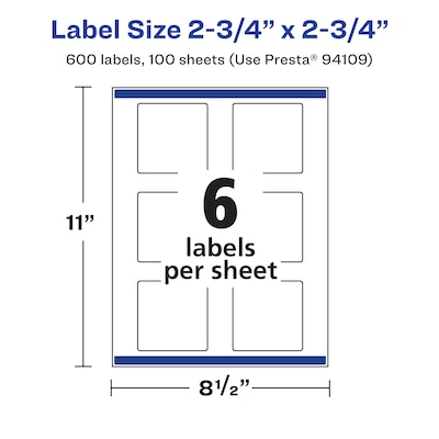 Avery Laser/Inkjet Square Waterproof Multipurpose Labels, 2.75"  x 2.75", White, 600/Box (94109)