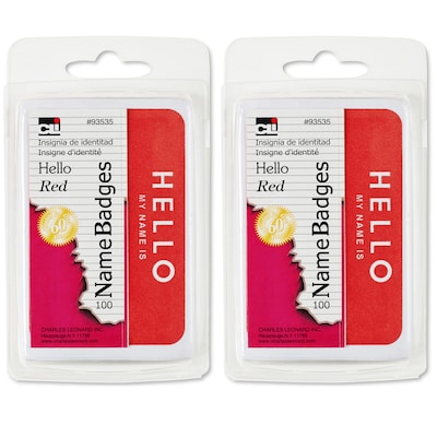 Charles Leonard Self-Adhesive Red Hello Name Badges, 3.375" x 2.25", 100 Per Pack, 12 Packs (CHL93535-12)