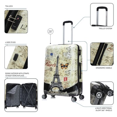 InUSA 28" Hardside Paris Suitcase, 4-Wheeled Spinner, TSA Checkpoint Friendly, Paris (IUAPC00L-PAR)