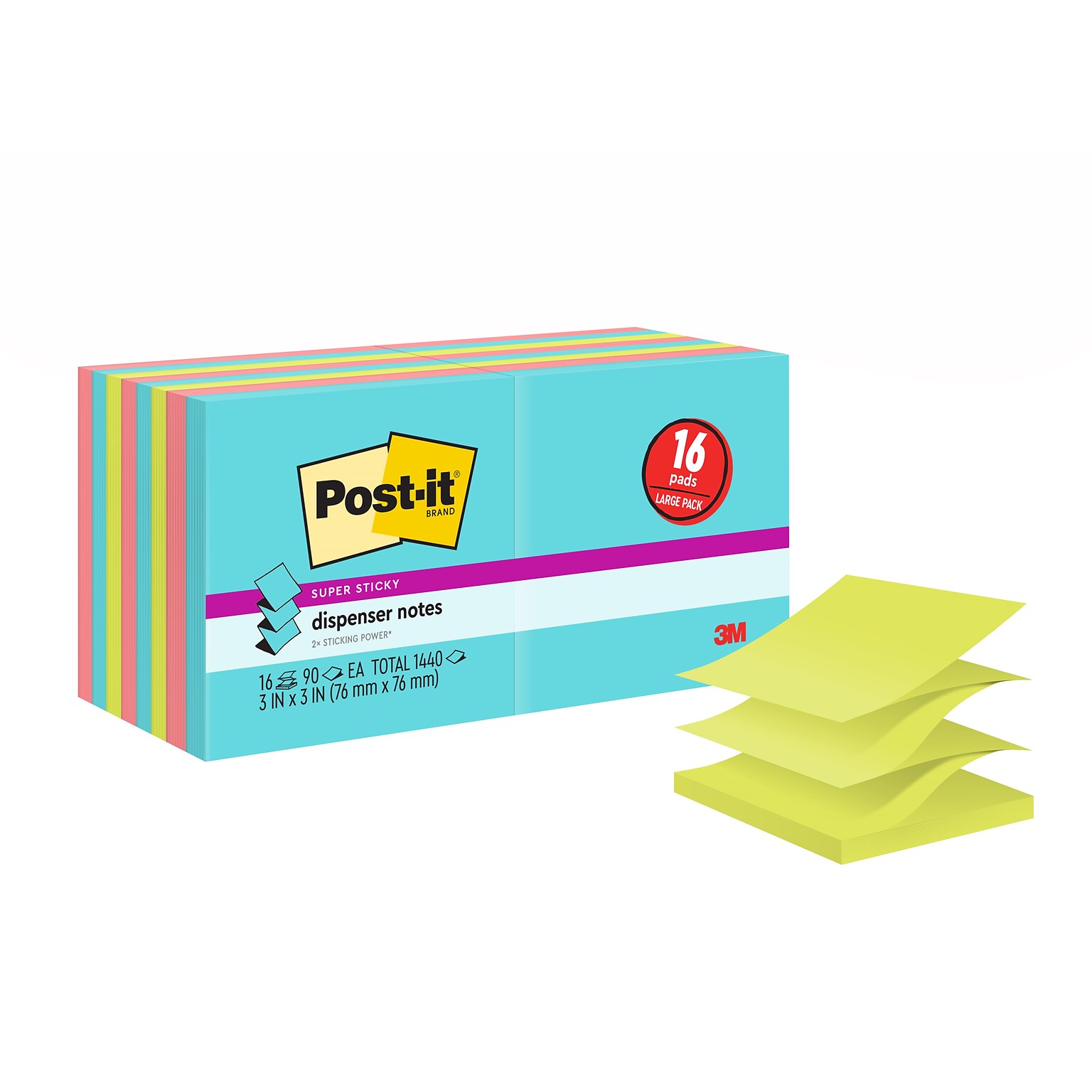 Post-it Super Sticky Dispenser Pop-up Notes, 3 x 3, Supernova Neons, 90 Sheets/Pd, 16 Pd/Pk (R33012SSMIA)