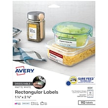Avery Sure Feed Dissolvable Laser/Inkjet Labels, 1 1/4 x 2 3/8, White, 18 Labels/Sheet, 5 Sheets/P