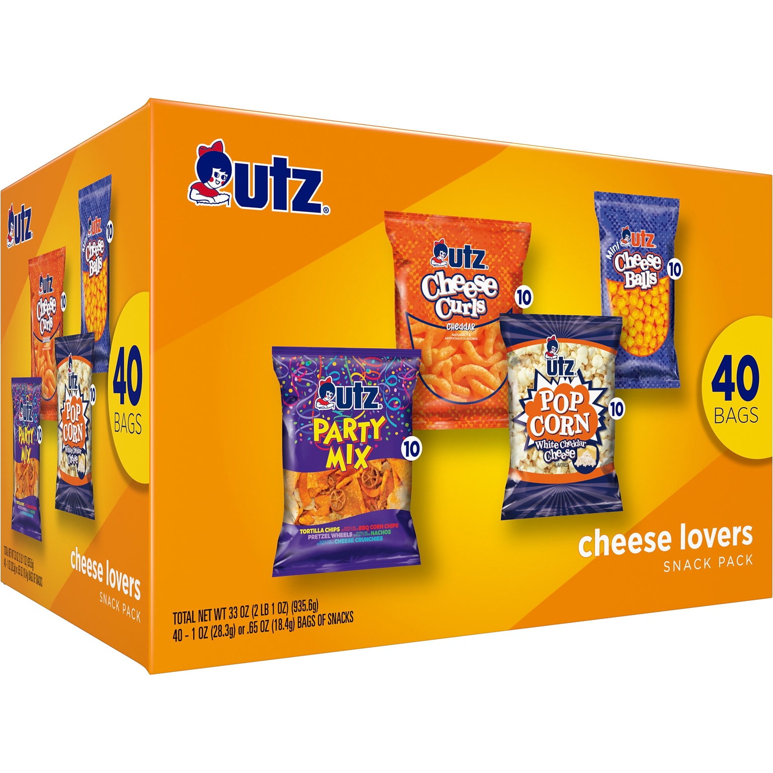 Utz Cheese Lovers Snack Variety Pack, 33 oz., 40 Bags/Carton (35167)