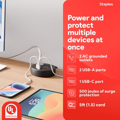 Staples TECH 2-Outlet 3-USB Port Surge Protector, 5, 500 Joules, Black (ST62772)