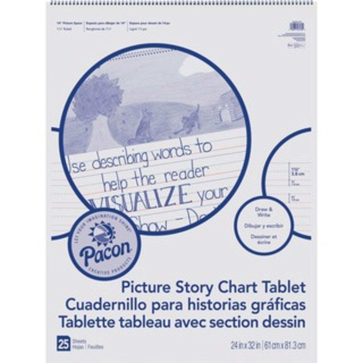 Pacon Ruled Picture Story Chart Tablet, 25 Sheets, Spiral Bound, Both Side Ruling Surface