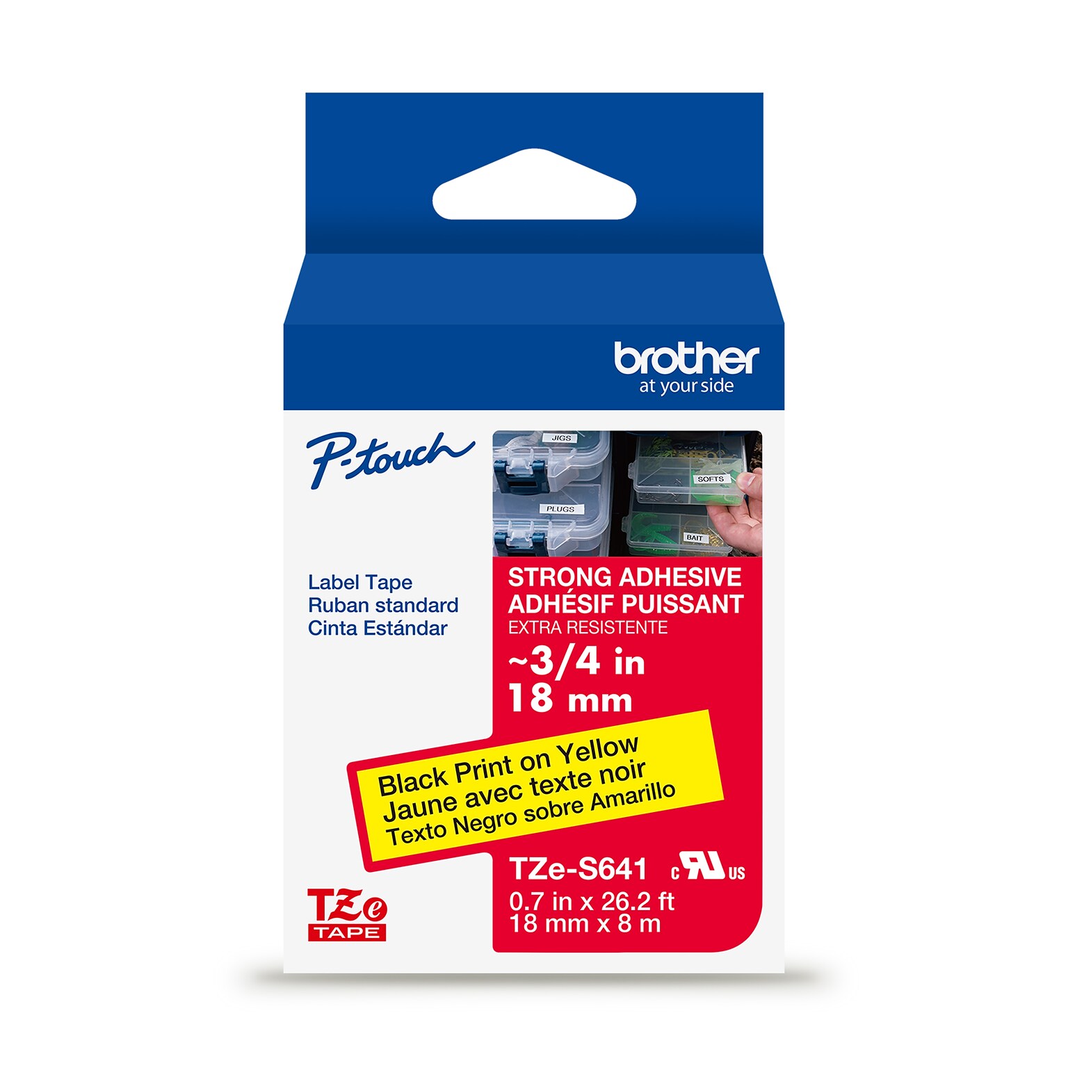 Brother P-touch Strong Adhesive Laminated Label Tape, ~3/4 x 26.2, Black on Yellow (TZeS641)