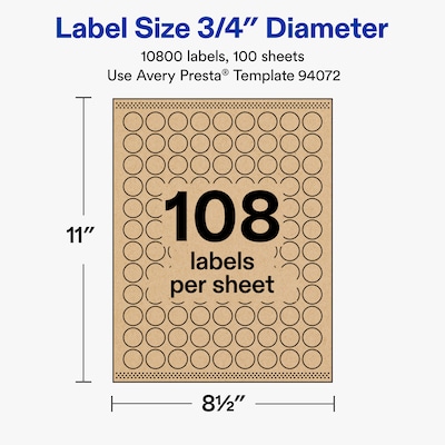 Avery Round Laser/Inkjet Multipurpose Labels, Kraft Brown, 108 Labels/Sheet, 100 Sheets/Pack (19479311158)