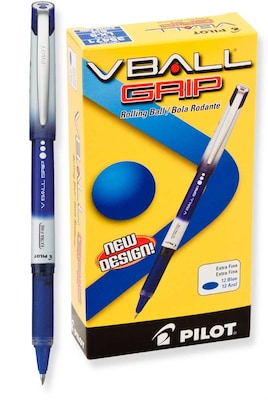 Pilot VBall Grip Rollerball Pens, Extra Fine Point, Blue Ink, Dozen (35471)