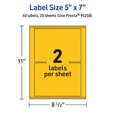 Avery Laser/Inkjet Rectangle Multipurpose Labels, 5" x 7", Bright Yellow, 40/Pack (94258)