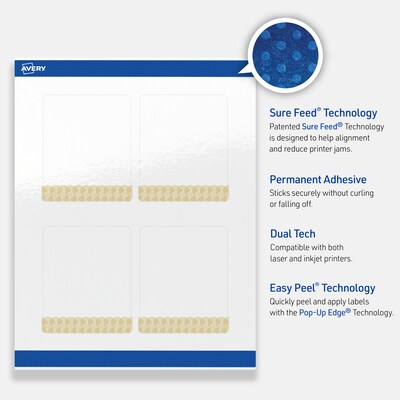 Avery Laser/Inkjet Rectangle Multipurpose Labels, 4" x 3-1/3", White, 40/Pack (S00-EWT)
