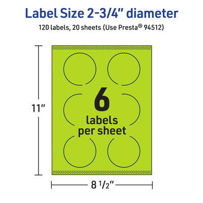 Avery Printable Circle Multipurpose Labels, 2.75" Dia., Bright Green, 120/Pack (94512)