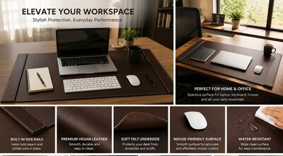 SUM Anti-Slip Faux leather Desk Pad with Side Rail, 34.5" x 24", Brown (OSCDPD001)