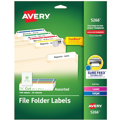 Avery TrueBlock Laser/Inkjet File Folder Labels, 2/3 x 3 7/16, Assorted Colors, 750 Labels/Pack (5