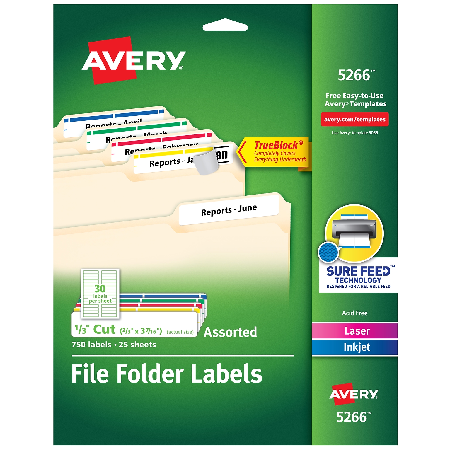 Avery TrueBlock Laser/Inkjet File Folder Labels, 2/3 x 3 7/16, Assorted Colors, 750 Labels/Pack (5266)
