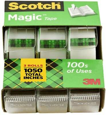 Scotch Magic Tape with Dispenser, Invisible, 3/4 in x 300 in, 3 Pack, Clear, For Office and Back to School for Classroom