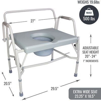 DMI Heavy Duty Bariatric Bedside Commode, Drop-Arm, Back Bar, Steel Frame, Grey (802-1204-0300)