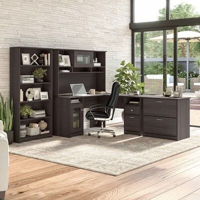 Bush Furniture Cabot 60"W L Shaped Computer Desk with Hutch, File Cabinet and Bookcase, Heather Gray (CAB010HRG)