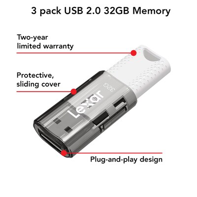 Lexar JumpDrive S60 32GB USB 2.0 Type A Flash Drive, Grey/White, 3/Pack (LJDS60-32GB3NNU)