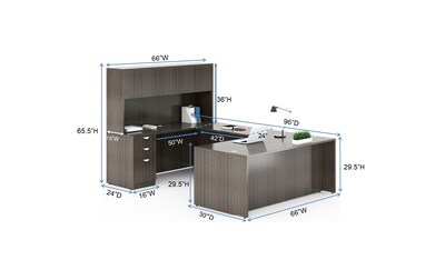 Boss Office Products 66W U-Shaped Executive Desk with Box/Box/File Storage Pedestal and 4 Door Hutch, Driftwood (GROUPA15-DW)