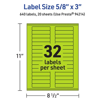 Avery Laser/Inkjet Multipurpose Rectangle Labels, 5/8" x 3", Bright Green, 640/Pack (94214)