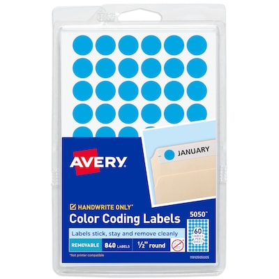 Avery Hand Written Color Coding Labels, 0.5Dia., Light Blue, 60/Sheet, 14 Sheets/Pack (5050)