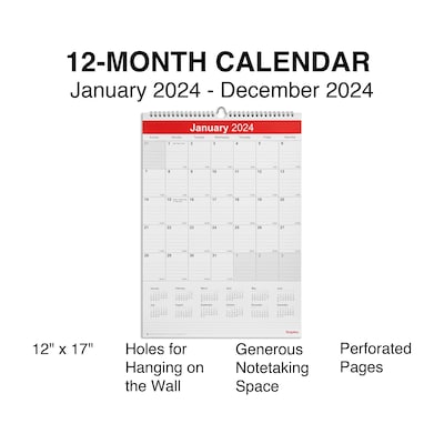 2024 Staples 12" x 17" Wall Calendar, White/Red (ST53913-24)