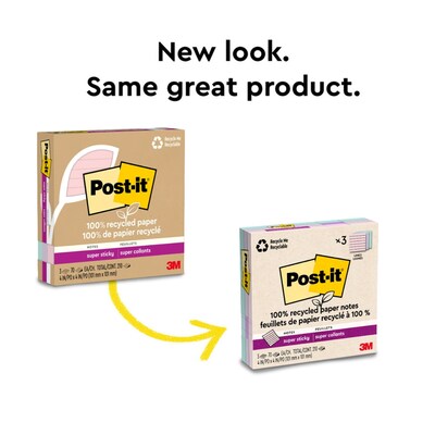 Post-it Recycled Super Sticky Notes, 4" x 4", Wanderlust Pastels Collection, Lined, 70 Sheets/Pad, 3 Pads/Pack (675R-3SSNRP)