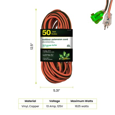 GoGreen Power 50 Indoor/Outdoor Extension Cord, 16 AWG, Orange (GG-13750)