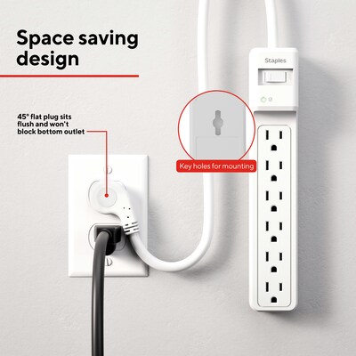Staples TECH 6-Outlet Surge Protector, 2.5', 1800 Joules, White, 2/Pack (ST62763)