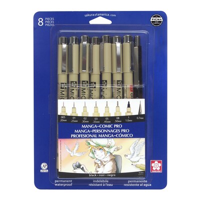 Sakura Pigma Manga Comic Pro Drawing Kit, Black & Graphite Ink, 8/Set (SAK50203)