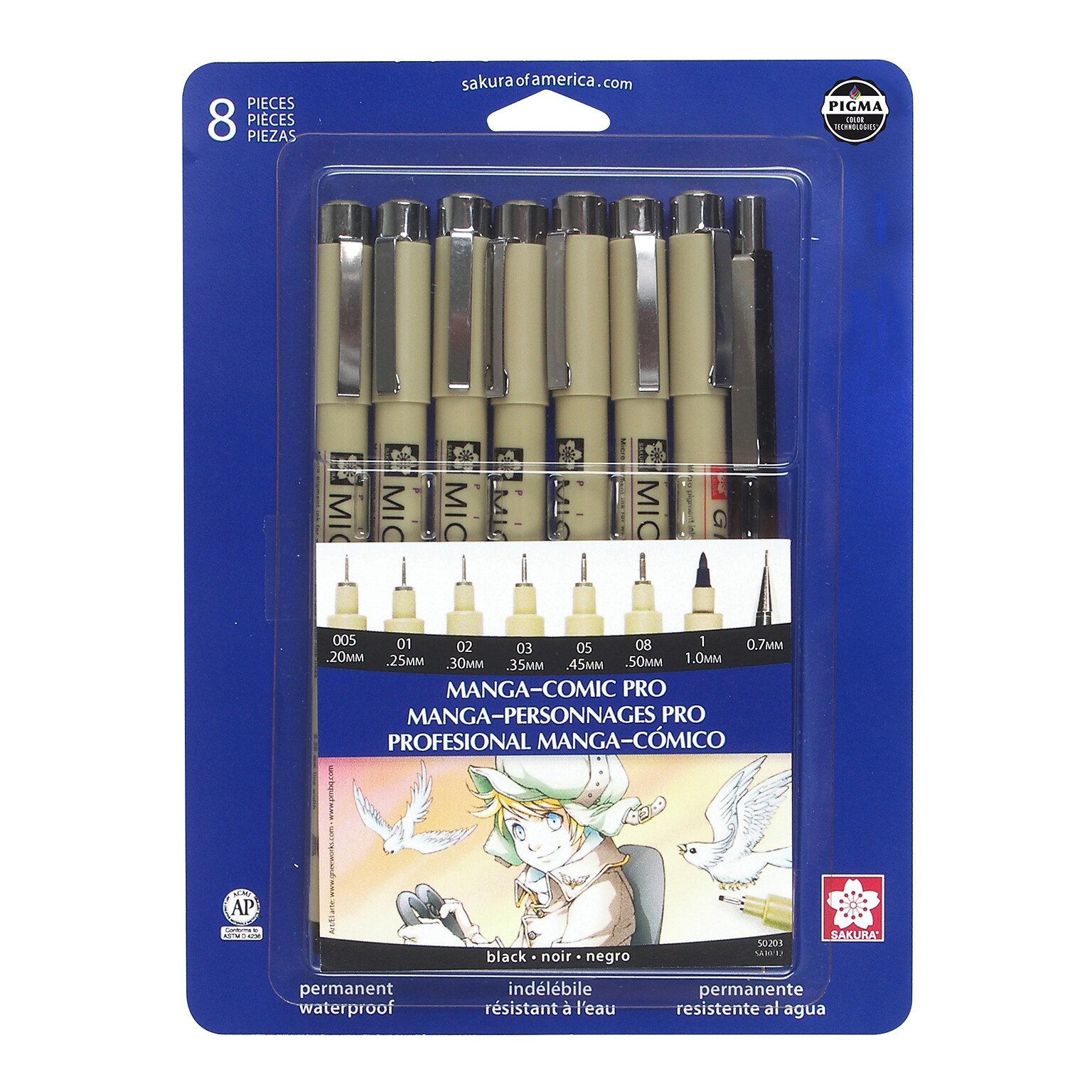 Sakura Pigma Manga Comic Pro Drawing Kit, Black & Graphite Ink, 8/Set (SAK50203)